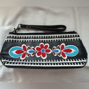 Isabella Fiore Black Wristlet with Red & Turquoise Beaded Floral Embroidery